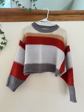 Altar'd State Cropped Crew Sweater in Red, Gray, Cream & Tan